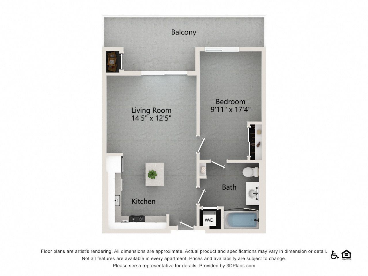 1 bedroom 1 bath 802 SF